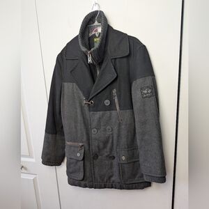 SCHOTT Men Winter Coat Size Medium Black And Gray Mix Of Wool Zipper And Button